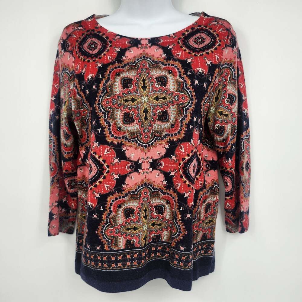 Talbots Women's MP Merino Wool Sweater Red Navy Medallion Print Long Sleeve